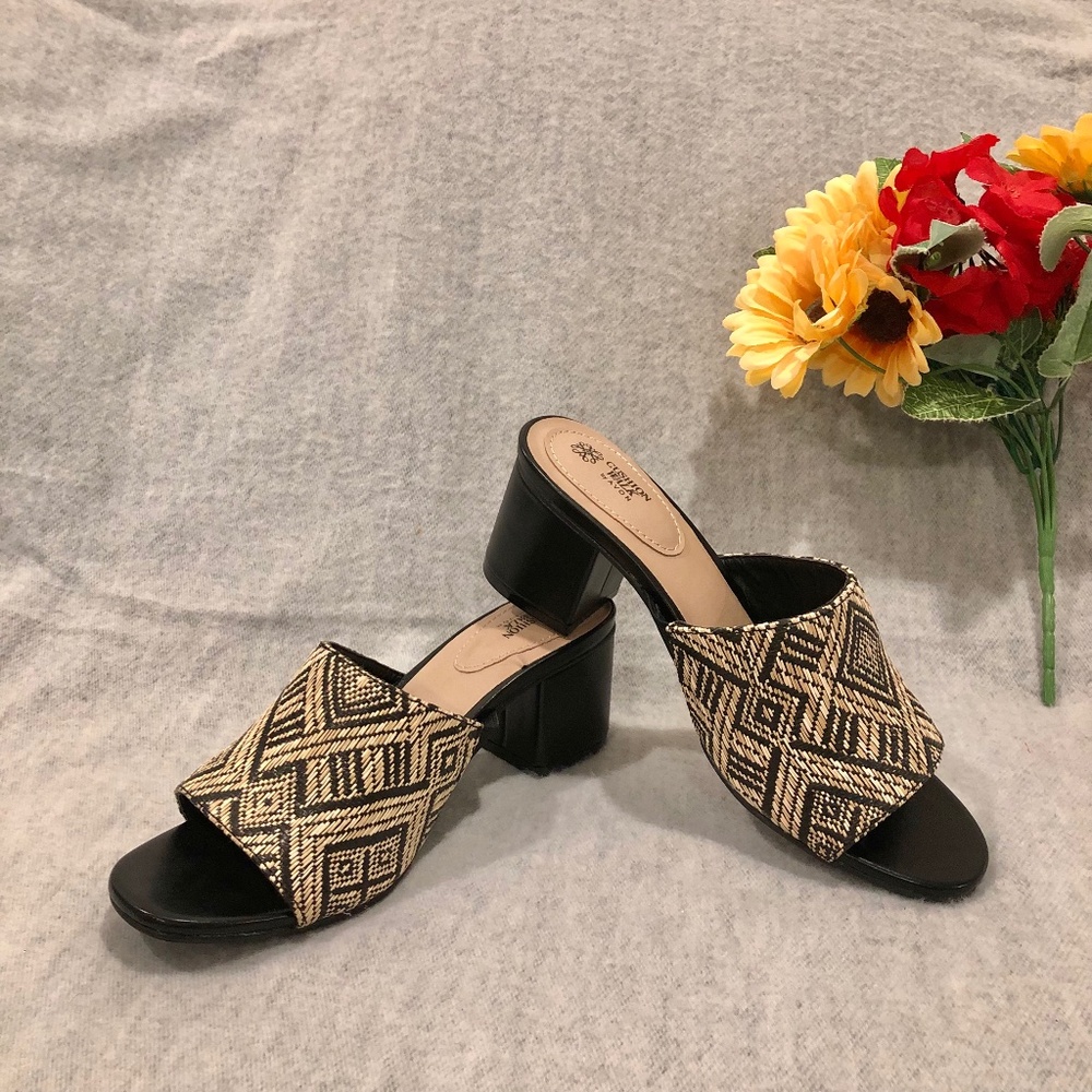 NWOT - Black & Tan Print Block Heel Sandals